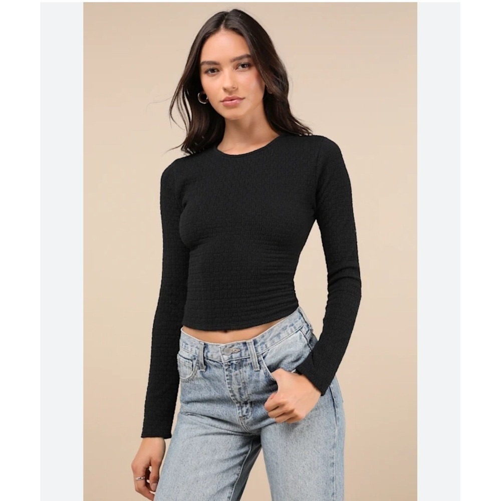 Lulus Black Ribbed Cropped Long Sleeve Puff Sleeve‎ Top Women's Size L